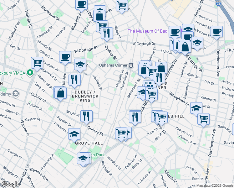 map of restaurants, bars, coffee shops, grocery stores, and more near 66B Alexander Street in Boston