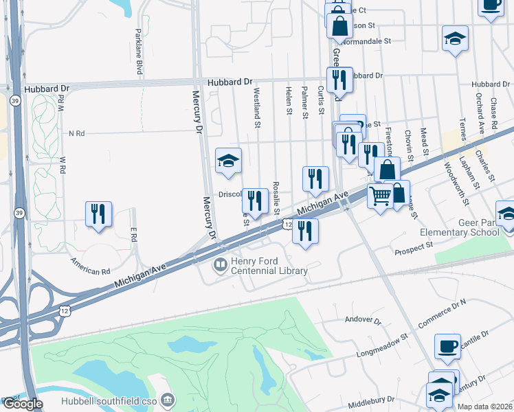 map of restaurants, bars, coffee shops, grocery stores, and more near 4485 Westland Street in Dearborn