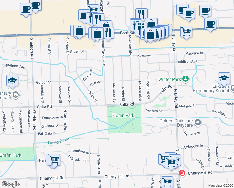 map of restaurants, bars, coffee shops, grocery stores, and more near 1439 Ranier Street in Canton