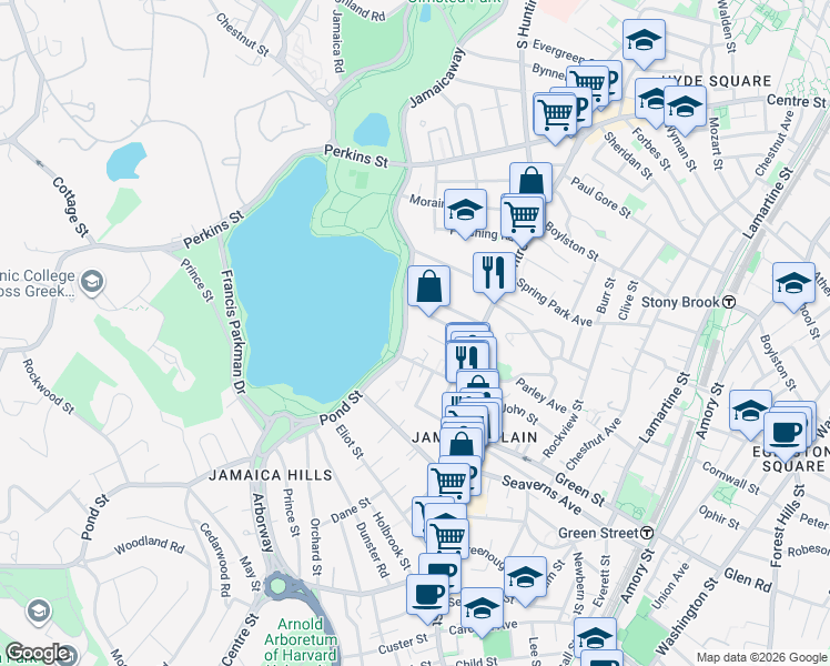 map of restaurants, bars, coffee shops, grocery stores, and more near 478 Jamaicaway in Boston