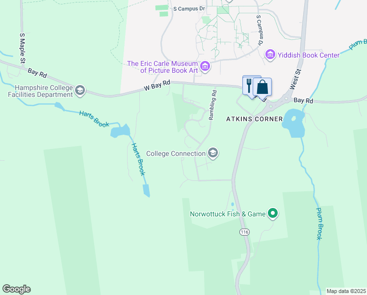 map of restaurants, bars, coffee shops, grocery stores, and more near 14 Baldwin Lane in Amherst