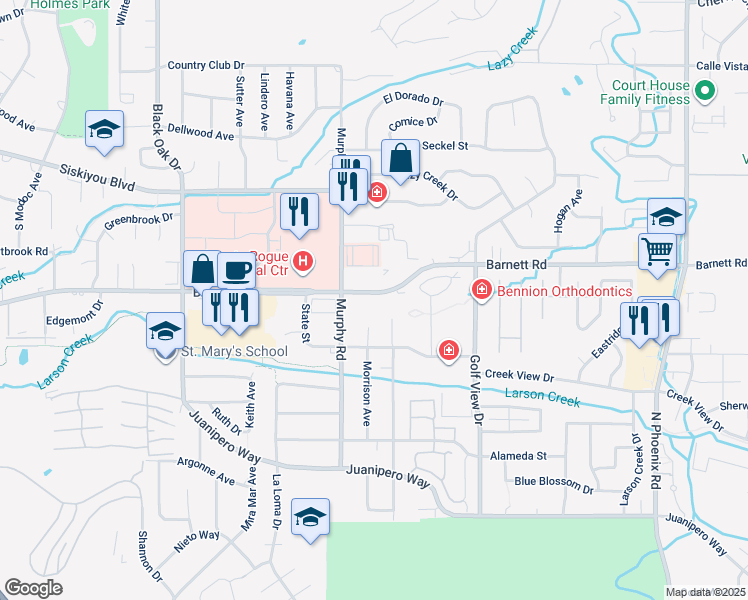 map of restaurants, bars, coffee shops, grocery stores, and more near 2930 East Barnett Road in Medford