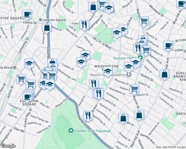 map of restaurants, bars, coffee shops, grocery stores, and more near 74 Holworthy Street in Boston