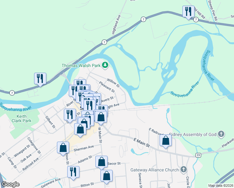 map of restaurants, bars, coffee shops, grocery stores, and more near 43 Pleasant Street in Sidney