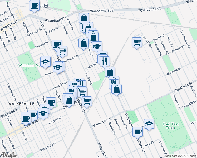 map of restaurants, bars, coffee shops, grocery stores, and more near in Windsor