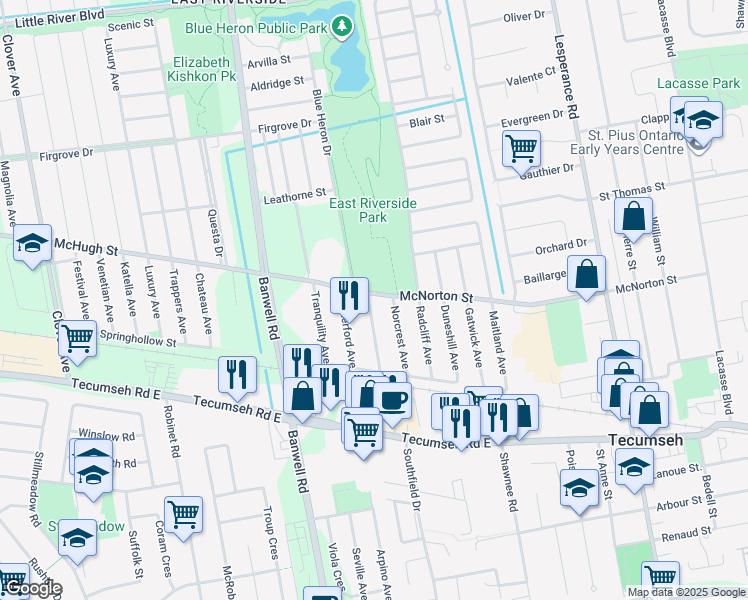 map of restaurants, bars, coffee shops, grocery stores, and more near 2336 Timbercrest Avenue in Windsor