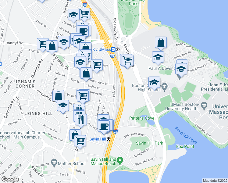 map of restaurants, bars, coffee shops, grocery stores, and more near Sydney Street in Boston