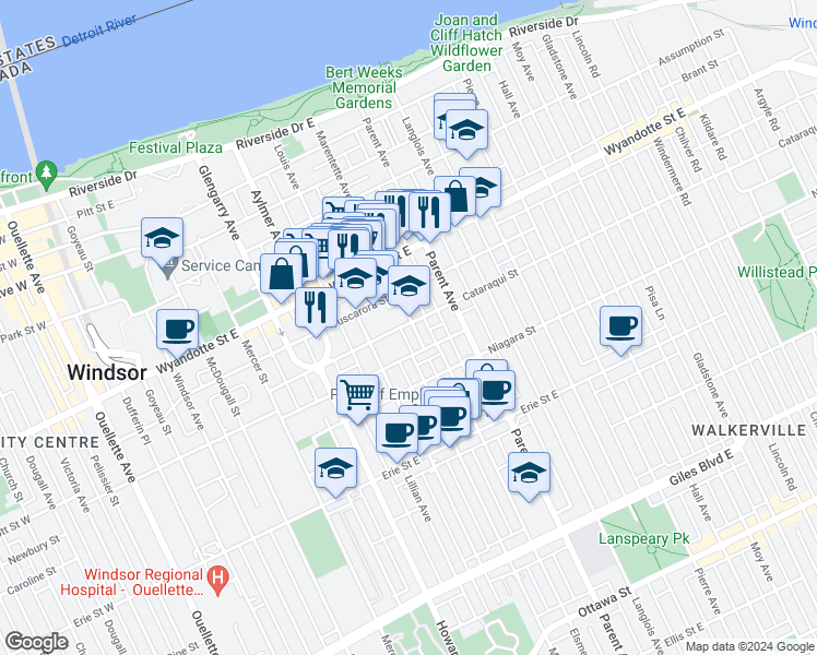 map of restaurants, bars, coffee shops, grocery stores, and more near 779 Cataraqui Street in Windsor