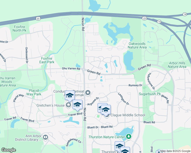 map of restaurants, bars, coffee shops, grocery stores, and more near 2783 Maitland Drive in Ann Arbor