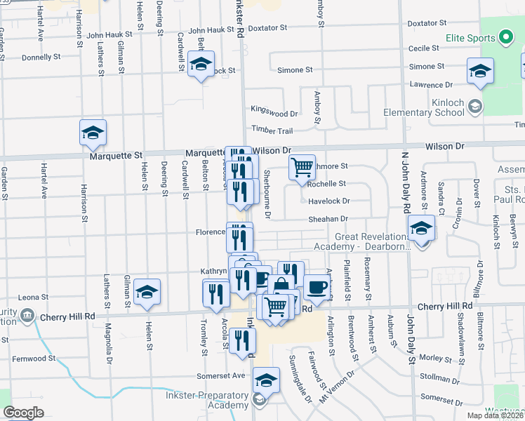 map of restaurants, bars, coffee shops, grocery stores, and more near 731 Sherbourne Drive in Dearborn Heights