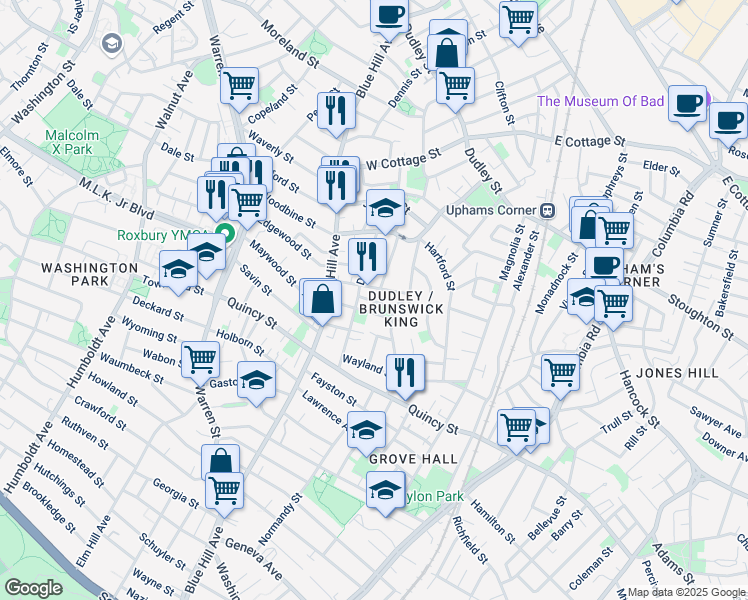 map of restaurants, bars, coffee shops, grocery stores, and more near 41 Dewey Street in Boston