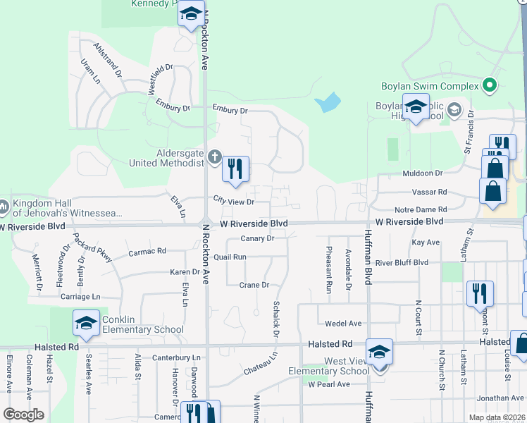 map of restaurants, bars, coffee shops, grocery stores, and more near 3936 Eagle Drive in Rockford