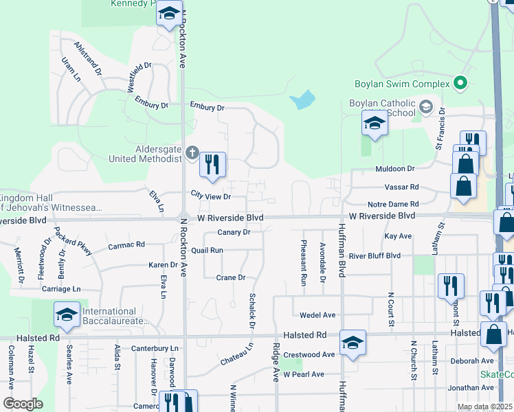 map of restaurants, bars, coffee shops, grocery stores, and more near 2762 City View Court in Rockford