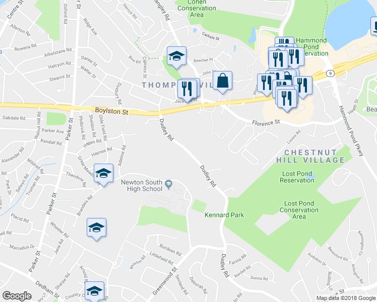 map of restaurants, bars, coffee shops, grocery stores, and more near 130 Dudley Road in Newton