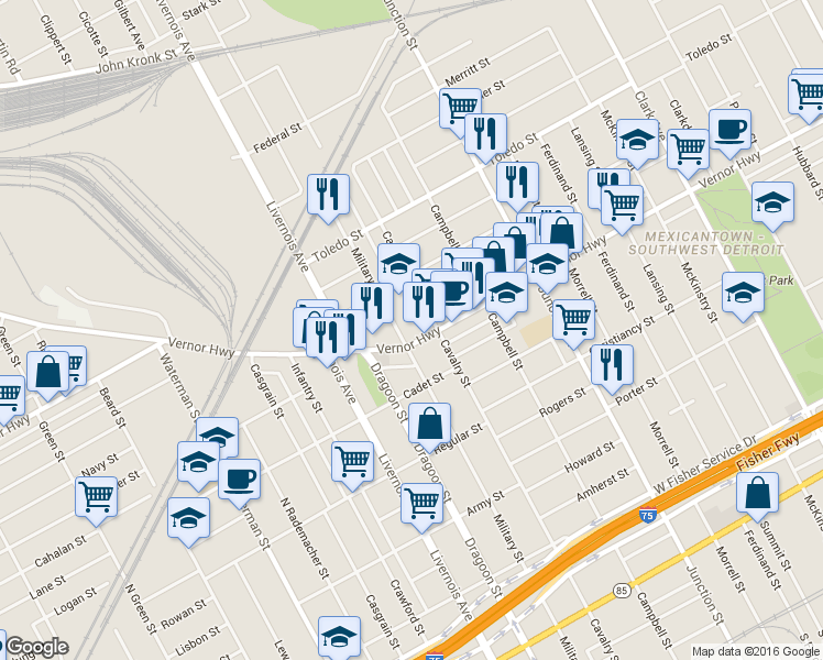 map of restaurants, bars, coffee shops, grocery stores, and more near 6060 W Vernor Hwy in Detroit