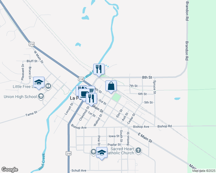 map of restaurants, bars, coffee shops, grocery stores, and more near 101 Sycamore Street in La Porte City