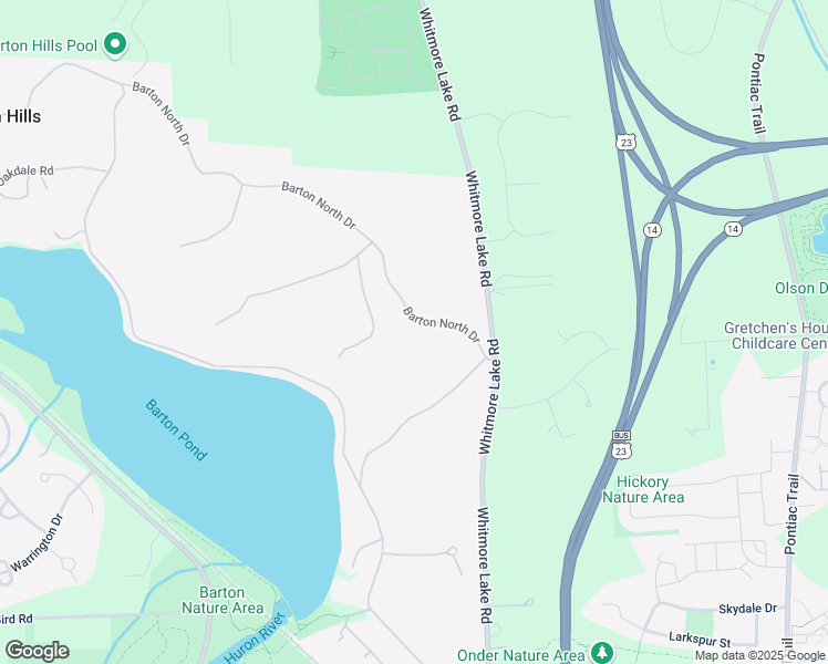 map of restaurants, bars, coffee shops, grocery stores, and more near 99 Barton North Drive in Ann Arbor