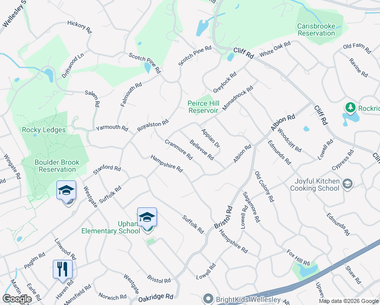 map of restaurants, bars, coffee shops, grocery stores, and more near 25 Cranmore Road in Wellesley