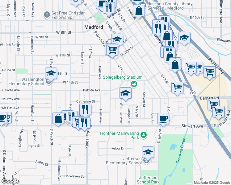 map of restaurants, bars, coffee shops, grocery stores, and more near 715 South Oakdale Avenue in Medford