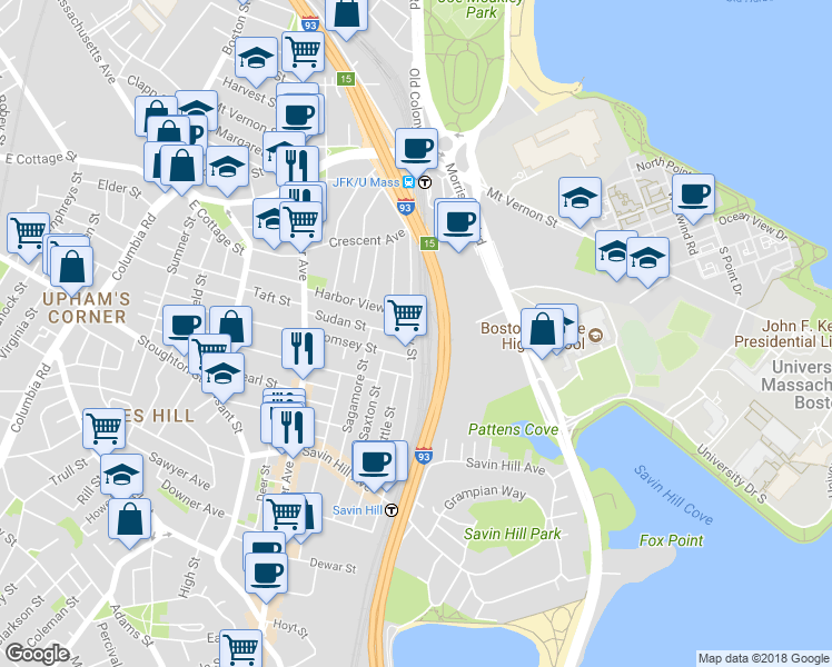 map of restaurants, bars, coffee shops, grocery stores, and more near 147 Sydney Street in Boston