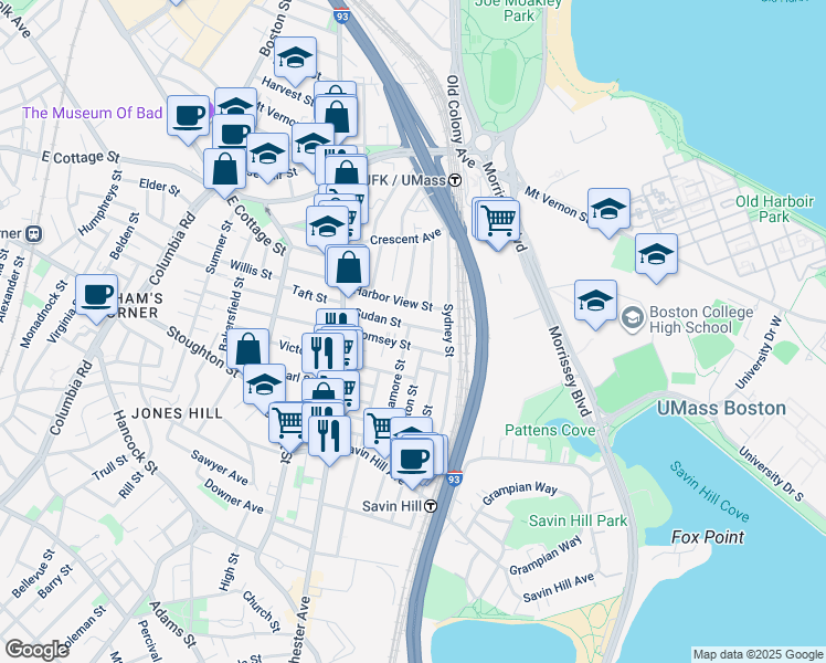 map of restaurants, bars, coffee shops, grocery stores, and more near 62-64 Sudan Street in Boston