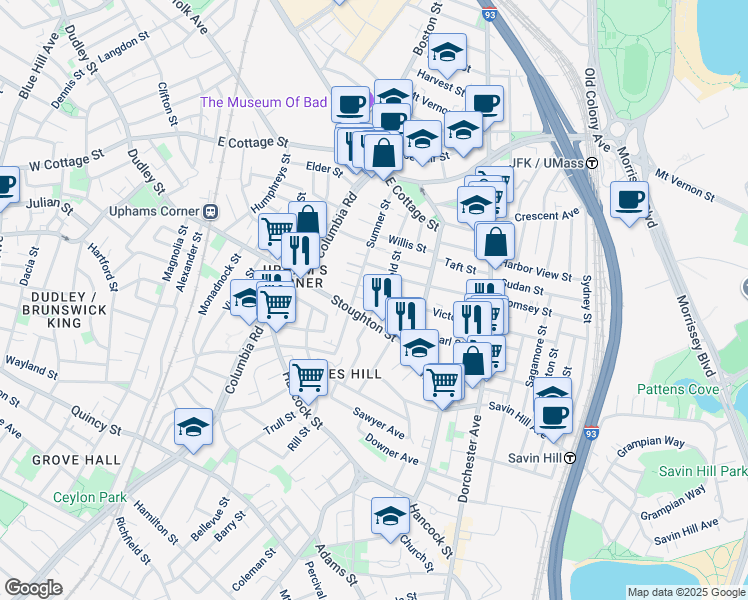 map of restaurants, bars, coffee shops, grocery stores, and more near 25A Morrill Street in Boston