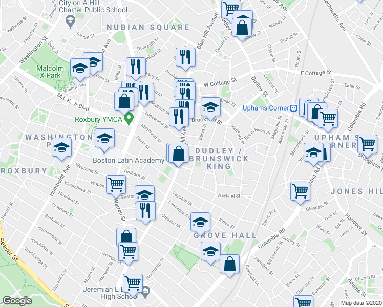 map of restaurants, bars, coffee shops, grocery stores, and more near in Boston