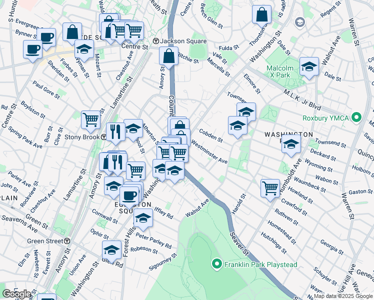 map of restaurants, bars, coffee shops, grocery stores, and more near 3028 Washington Street in Boston
