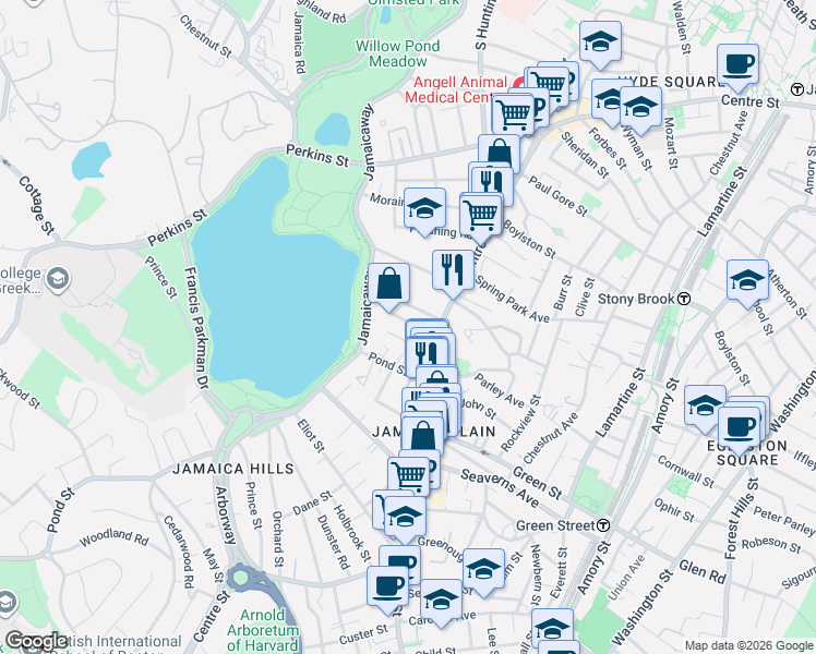 map of restaurants, bars, coffee shops, grocery stores, and more near 17 Lakeville Road in Boston