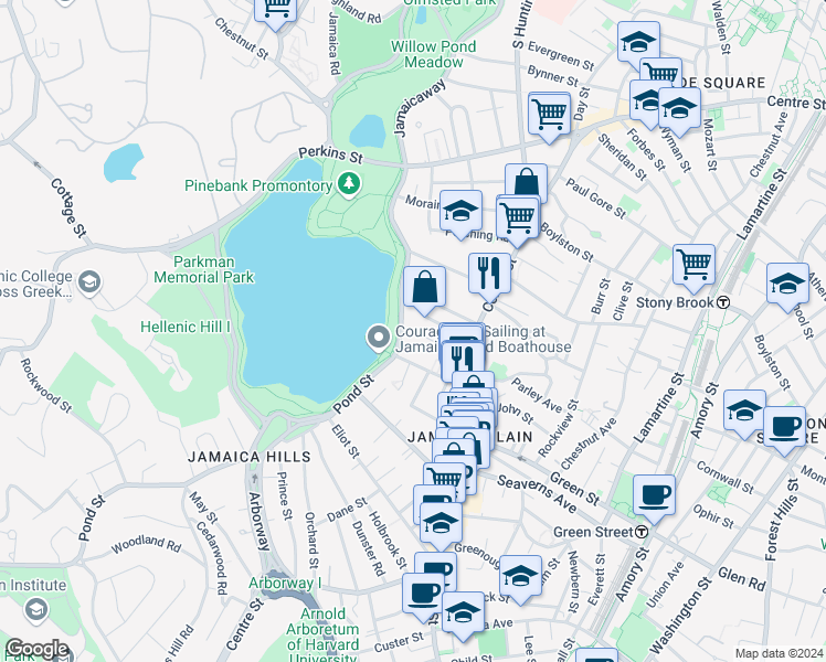 map of restaurants, bars, coffee shops, grocery stores, and more near 478 Jamaicaway in Boston