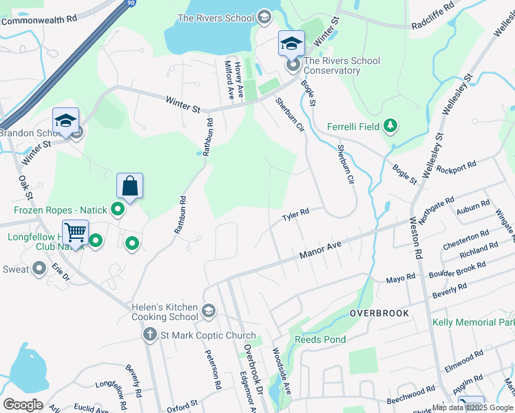 map of restaurants, bars, coffee shops, grocery stores, and more near 50 Oakdale Avenue in Weston