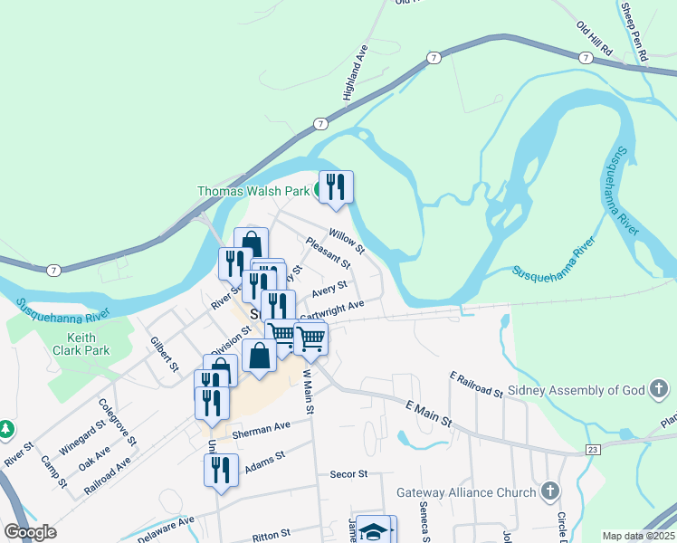 map of restaurants, bars, coffee shops, grocery stores, and more near 30 Pleasant Street in Sidney