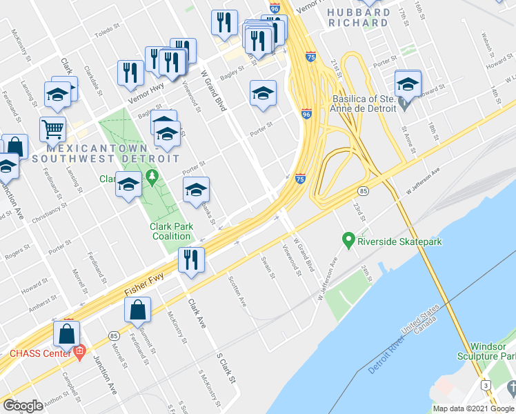 map of restaurants, bars, coffee shops, grocery stores, and more near 227 West Grand Boulevard in Detroit