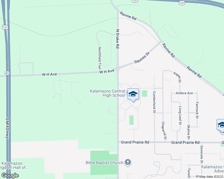 map of restaurants, bars, coffee shops, grocery stores, and more near 2575 North Drake Road in Kalamazoo