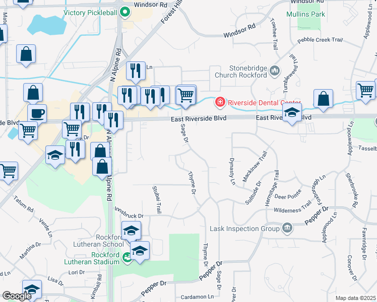 map of restaurants, bars, coffee shops, grocery stores, and more near 3901 Sage Drive in Rockford