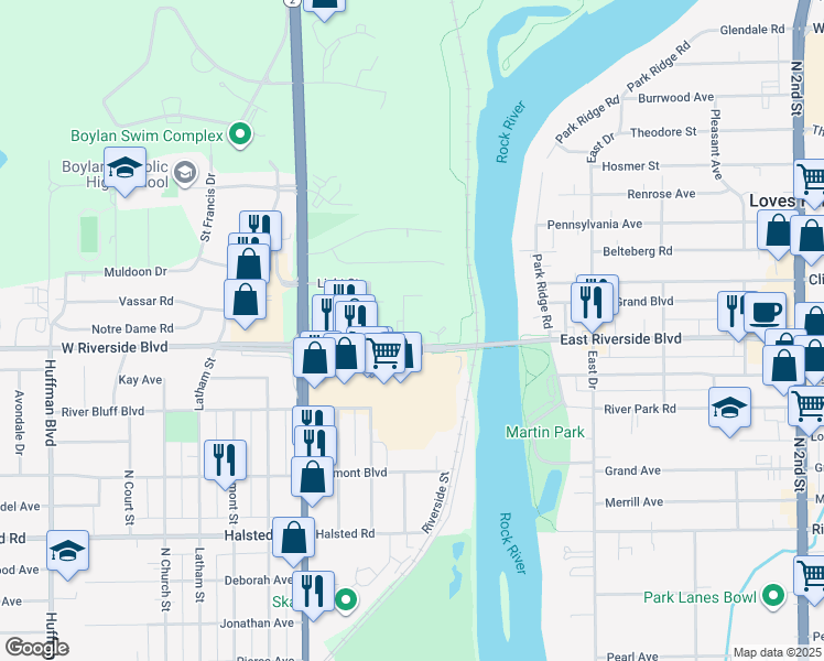 map of restaurants, bars, coffee shops, grocery stores, and more near 3795 Trilling Avenue in Rockford