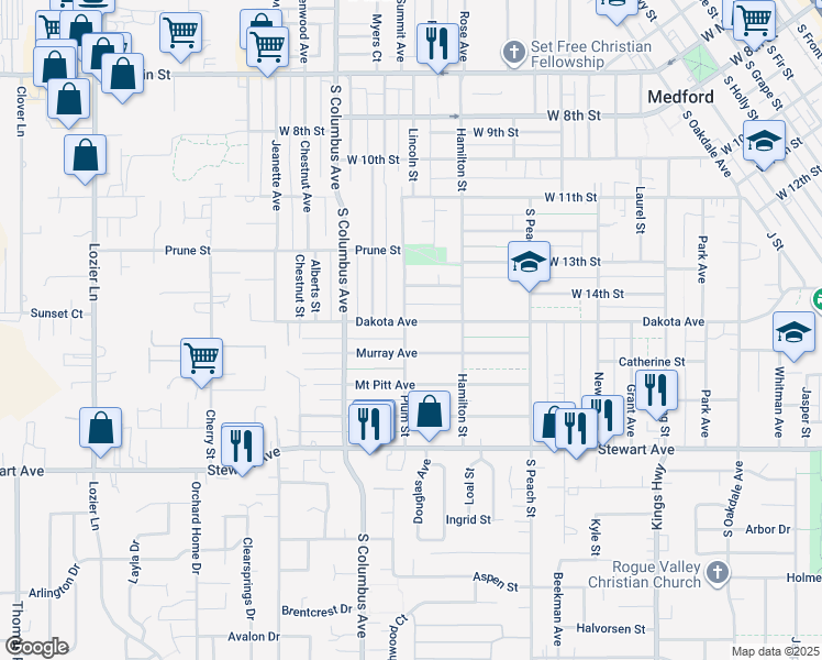 map of restaurants, bars, coffee shops, grocery stores, and more near 1229 Dakota Avenue in Medford