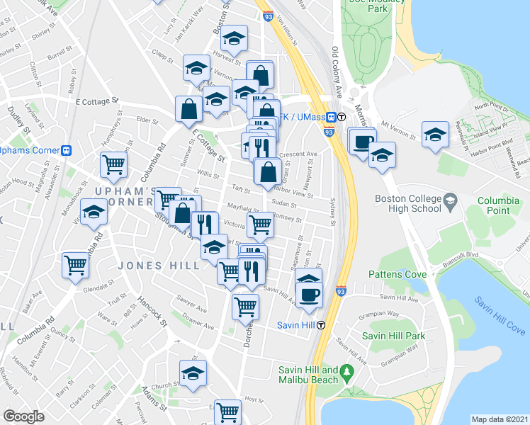 map of restaurants, bars, coffee shops, grocery stores, and more near Dorchester Ave & Mayfield St in Boston