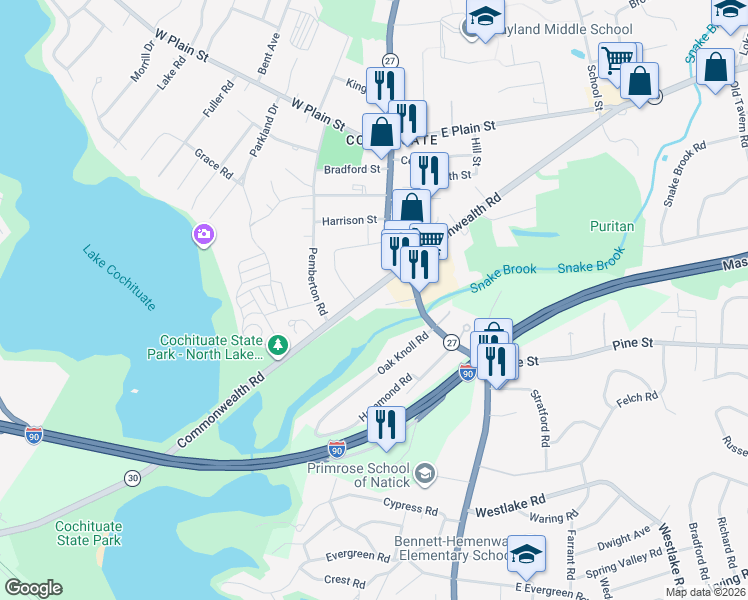 map of restaurants, bars, coffee shops, grocery stores, and more near 127 Commonwealth Road in Wayland
