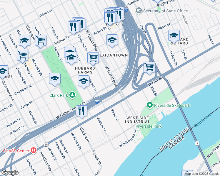 map of restaurants, bars, coffee shops, grocery stores, and more near 820 Vinewood Street in Detroit