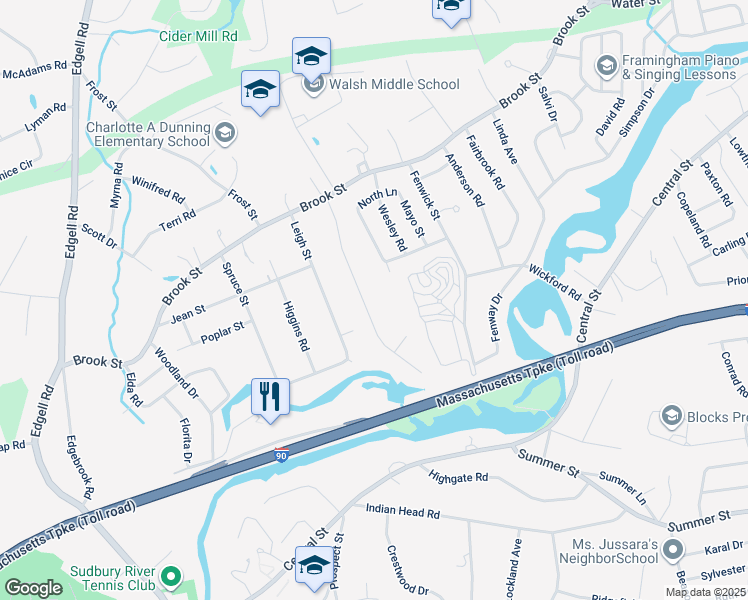 map of restaurants, bars, coffee shops, grocery stores, and more near 38 Perry H Henderson Drive in Framingham