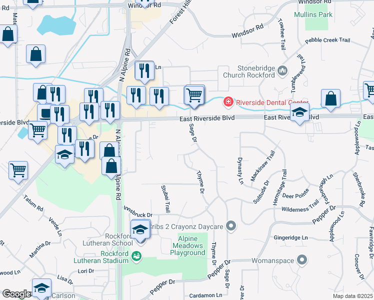 map of restaurants, bars, coffee shops, grocery stores, and more near 4742 Charing Drive in Rockford