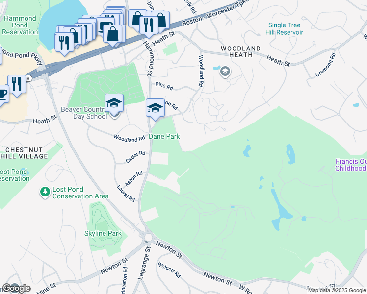 map of restaurants, bars, coffee shops, grocery stores, and more near 150 Woodland Road in Brookline