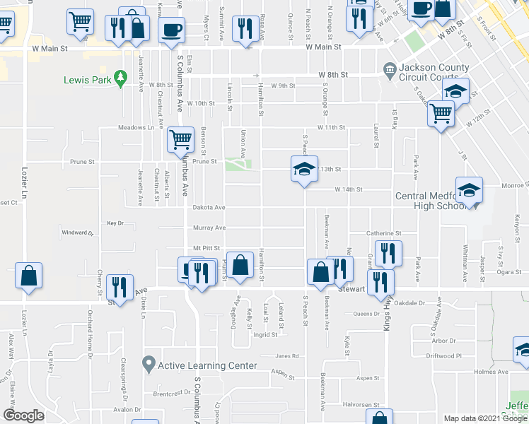 map of restaurants, bars, coffee shops, grocery stores, and more near 953 Dakota Avenue in Medford