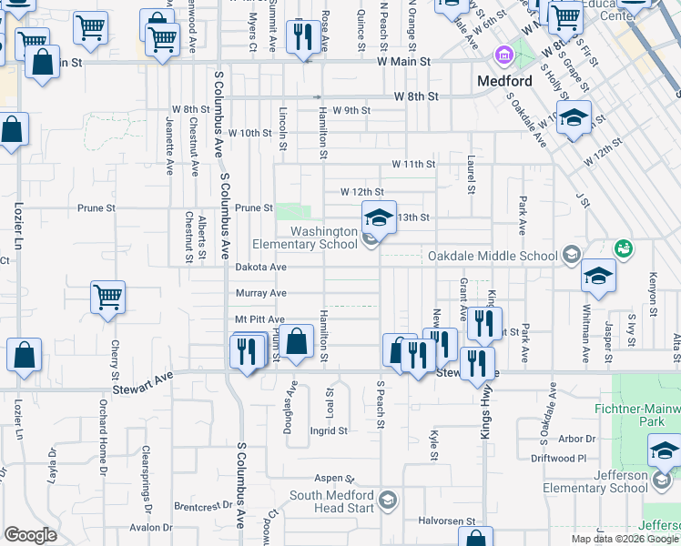 map of restaurants, bars, coffee shops, grocery stores, and more near 941 Dakota Avenue in Medford
