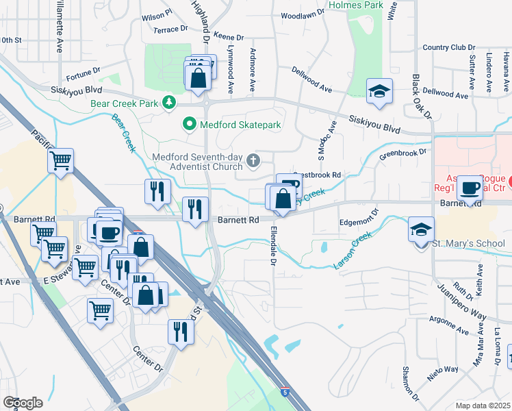 map of restaurants, bars, coffee shops, grocery stores, and more near 1617 East Barnett Road in Medford