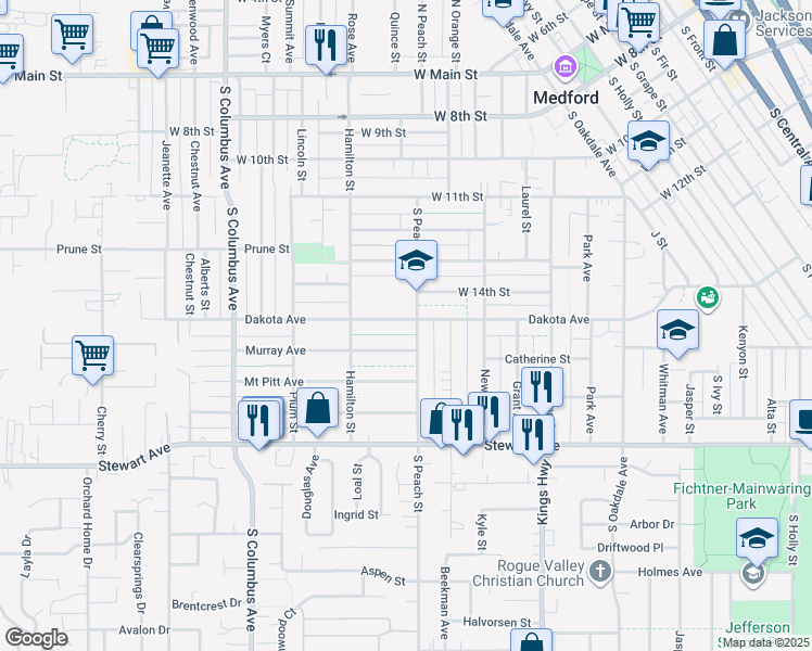 map of restaurants, bars, coffee shops, grocery stores, and more near 907 Dakota Avenue in Medford