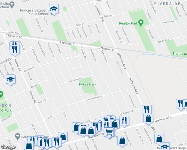 map of restaurants, bars, coffee shops, grocery stores, and more near Lassaline Avenue in Windsor