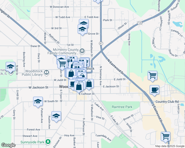 map of restaurants, bars, coffee shops, grocery stores, and more near 28 East Church Street in Woodstock