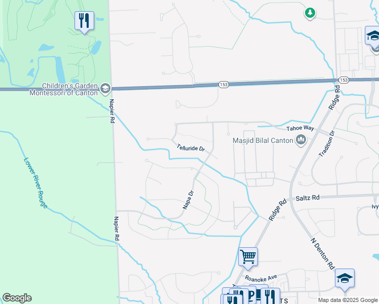 map of restaurants, bars, coffee shops, grocery stores, and more near 50749 Telluride Drive in Wayne County